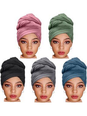 5-Piece Stretch Jersey Turbans Headwraps for Women - Soft, Breathable, Easy Knot